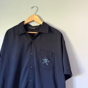 Vtg Y2K Skull Crossbones Embroidered Black Steady Last Call Bowling Shirt SZ XL